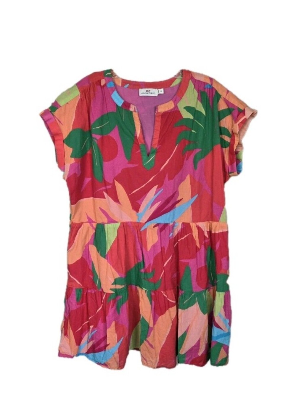 Vineyard Vines La Palmeraie Tiered Cotton Mini Dress Womens Size M Pink Tropical